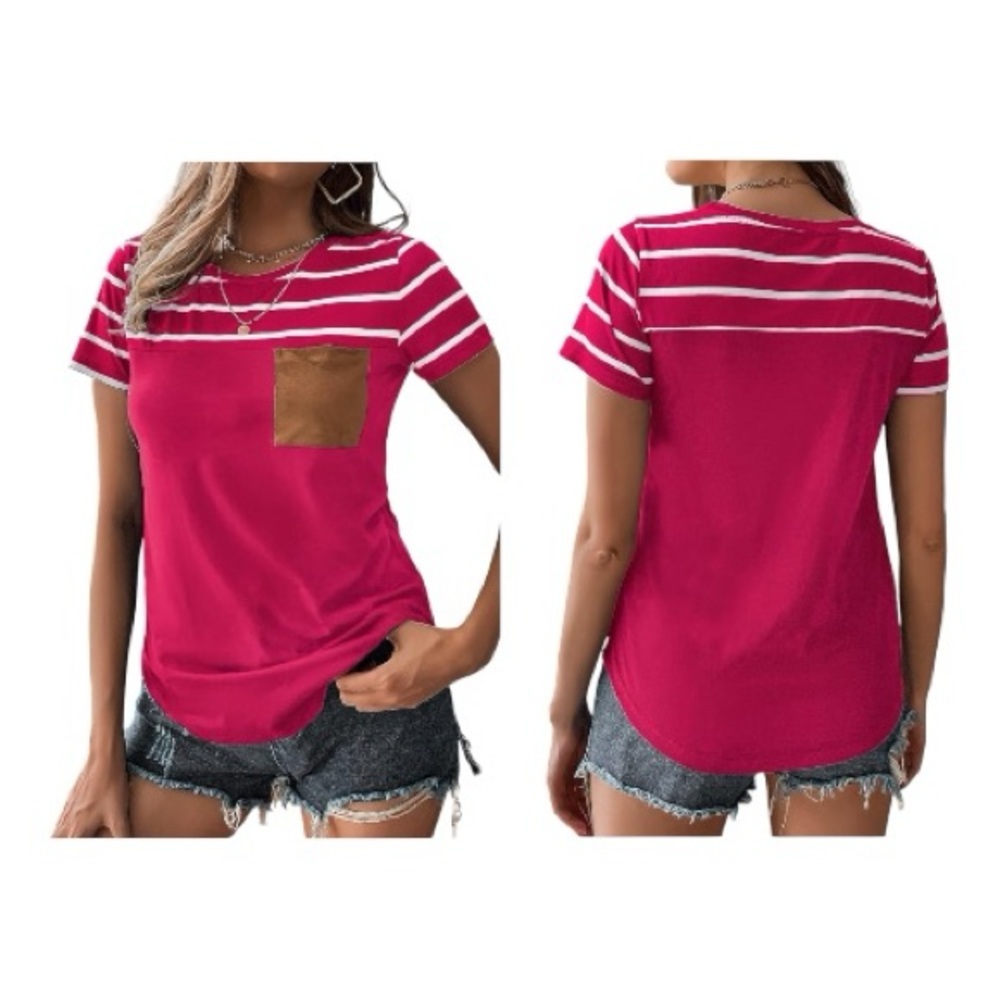 Vibrant Pink Striped Tee with Brown Pocket